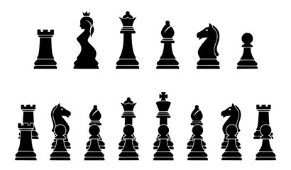 Chess Piece Silhouette Collection Featuring King Queen Rook Bishop Knight and Pawn Icons © Keyapayal