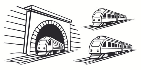 Passenger train emerging from tunnel and traveling on tracks graphic collection with railroad transportation locomotive illustration commuter © Mamun