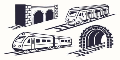 Set of modern passenger trains and stone railway tunnels graphic design elements with railroad transportation collection illustration locomotive © Mamun