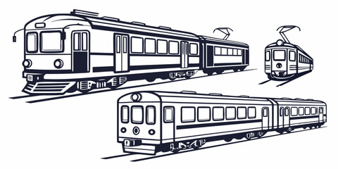 Modern electric commuter trains outline graphic set with transport mode mass transit commuter electric transport locomotive railroad carriage © Mamun