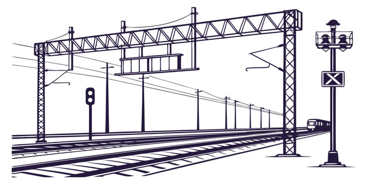 Railway scene with overhead catenary gantry and signal lamp on a track leading to a small distant train catenary transport transportation railroad