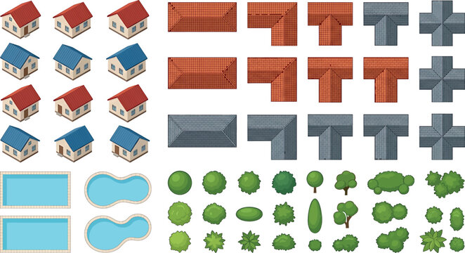 Set of isometric houses, roof types, swimming pools and trees isolated on white background