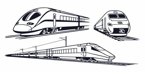 Set of various passenger train designs in black and white vector style with high speed locomotive transport commuter electric silhouette © Mamun