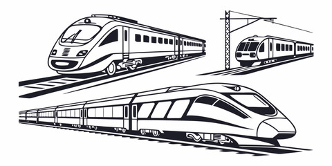 Collection of modern passenger train silhouettes on railway tracks with high speed locomotive transport commuter electric silhouette monochrome © Mamun