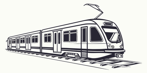 Modern commuter train or tram moving on tracks line art illustration commuter transportation locomotive electric infrastructure illustration © Mamun