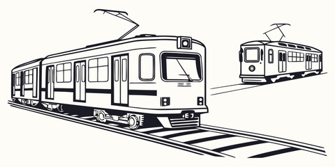 Vintage style electric commuter train and tram vector graphic with locomotive transport commuter electric silhouette monochrome passenger © Mamun