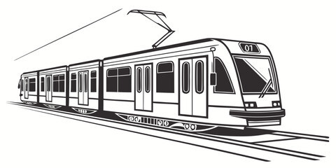 Passenger electric train or trolley tram on rails outline graphic illustration transportation electric locomotive illustration isolated © Mamun