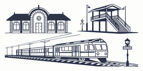 Train station elements set with passenger train and architectural platform structures platform transport locomotive railroad architecture © Mamun