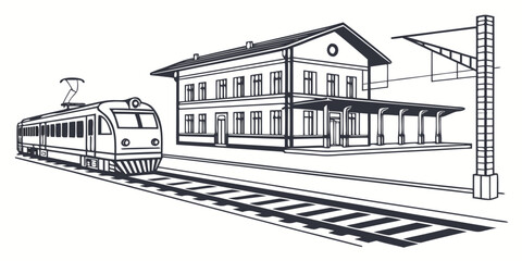 Passenger train parked at a vintage train station platform line art illustration building transportation platform architecture locomotive © Mamun