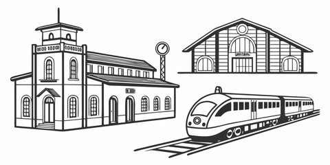 Railway station buildings and high speed passenger train vector graphic set with building transport locomotive railroad architecture terminal © Mamun