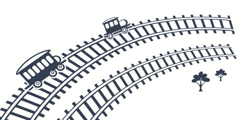 Curved railway tracks with small vintage trains and stylized trees railroad locomotive carriage transport transportation illustration traveling © Mamun