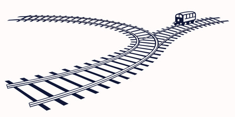 Illustration of a split railway track with a small train engine moving along the rails in perspective transportation railroad junction locomotive © Mamun