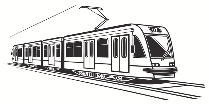 Passenger electric train or trolley tram on rails outline graphic illustration transportation electric locomotive illustration isolated