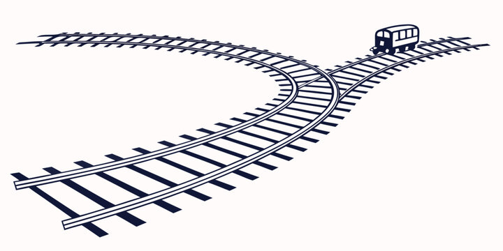 Illustration of a split railway track with a small train engine moving along the rails in perspective transportation railroad junction locomotive