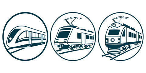 Collection of three circular badge designs featuring various modern electric trains on tracks transport locomotive railroad electric passenger © Mamun