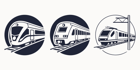Set of three circular train and rail travel icons representing railway transport systems with transport locomotive commuter traveling business © Mamun