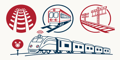 Graphic set of train transport icons with rails and signal symbols in red and blue rail track transport locomotive railroad logistics commuter © Mamun