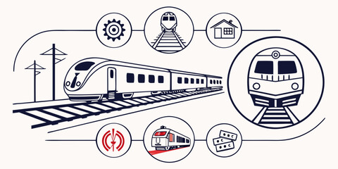 Graphic conceptual set featuring train transport and infrastructure icons in circular badges rail track transport locomotive railroad commuter © Mamun