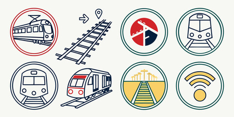 Set of modern train transport icons and railway symbols in flat vector line art style with transportation railroad commuter illustration traveling © Mamun