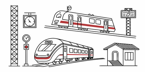 Naklejka premium Vector line illustration set of train station elements including train signal and clock railroad transportation locomotive architecture platform