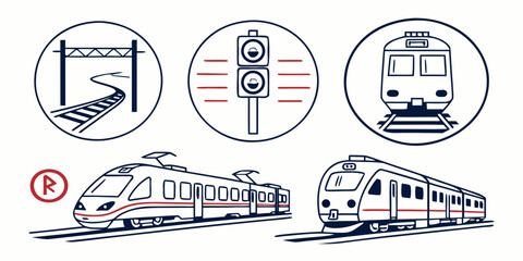 Icon set featuring trains railway signals and tracks in modern line art style transportation railroad commuter locomotive traveling logistics © Mamun