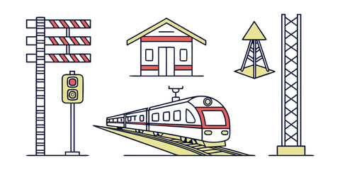 Train station and railway crossing infrastructure line art icons with crossing transport transportation locomotive infrastructure traveling © Mamun