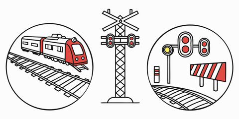 Railway transport set featuring train level crossing signal and warning signs in vector line art crossing railroad transportation locomotive © Mamun