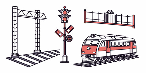 Railway transport graphic elements with train and signals crossing transport locomotive transportation railroad infrastructure illustration © Mamun