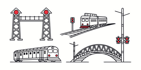 Train and railway infrastructure set with bridge and signals transport locomotive transportation railroad infrastructure illustration traveling © Mamun