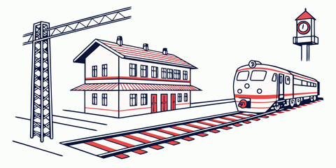 Train at station platform with tracks and signal tower illustration platform transport locomotive transportation railroad building architecture © Mamun