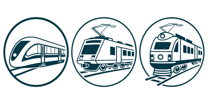 Collection of three circular badge designs featuring various modern electric trains on tracks transport locomotive railroad electric passenger
