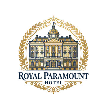 Elegant hotel logo with historic building and golden wreath.