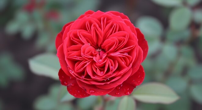 Close up of a vibrant red rose with water droplets on petals