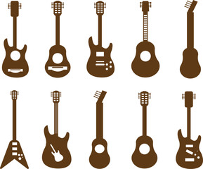 Naklejka premium A stylish collection of guitar icons in solid brown vector style. Features acoustic guitars, electric guitars, bass guitars, guitar picks, and musical symbols. Perfect for music apps, bands, concerts,