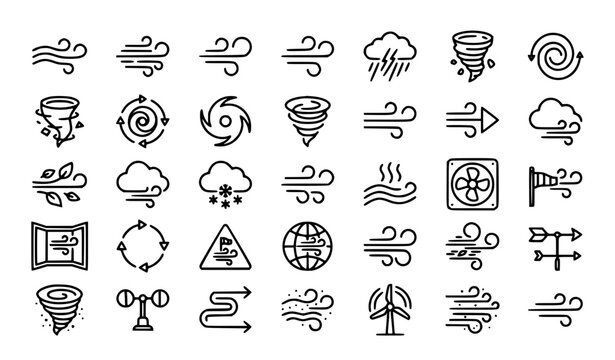 Wind Outline Vector Icon Set with Breeze Storm Tornado Weather and Air Flow Symbols