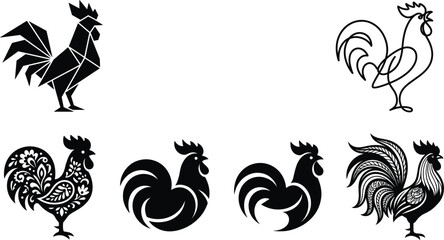 Rooster Silhouette Logo Set Featuring Low Poly Geometric Monoline Continuous Art and Ornate Folk Patterns for Agriculture and Branding Vectors © Ajad