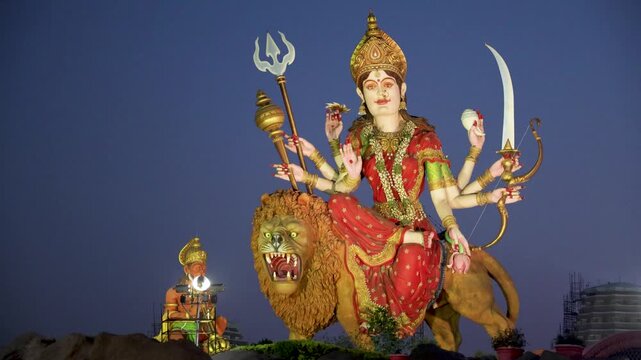 Majestic Goddess Durga Statue Seated on Lion During Religious Festival Celebration