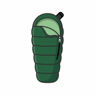 A green, cartoon-style sleeping bag, zipped up with a drawstring at the top, on a white background.