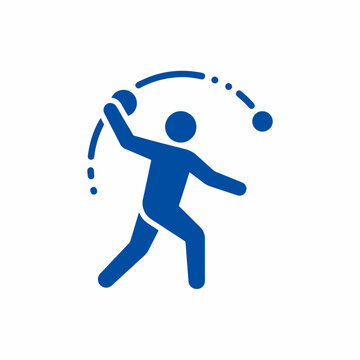 Blue icon of a stylized figure throwing a spherical object, with an arc and dots indicating motion. Represents a throwing sport like shot put or discus.
