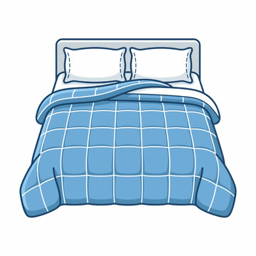 A clean, cartoon-style illustration of a comfortable double bed featuring two white pillows and a blue checkered comforter, isolated on a white background.