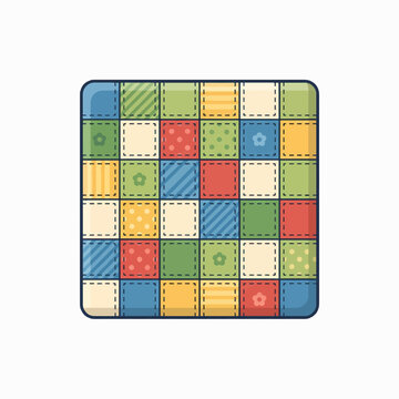 A square, flat image of a colorful quilt made of small, patterned fabric squares stitched together.
