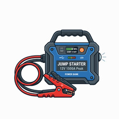 Fototapeta premium An illustration of a blue and black portable car jump starter and power bank, featuring battery clamps, USB ports, an LED light, and display showing 12V 1500A Peak.