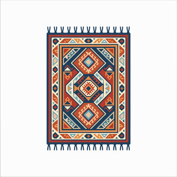 A rectangular rug with a tribal geometric pattern in blue, orange, and cream, featuring fringe accents on the top and bottom.