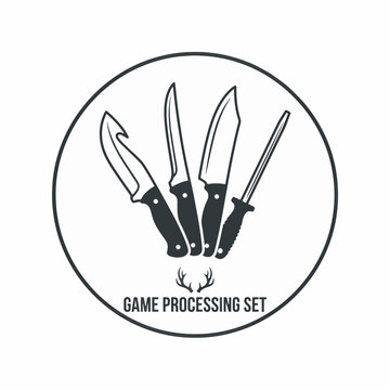 Black and white logo showcasing a game processing set: gut hook, boning, butcher knives, and a sharpening steel, with antlers and text 'GAME PROCESSING SET'.