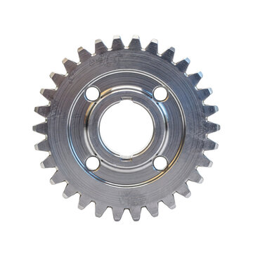 A metallic steel gear wheel with twenty-four teeth and four circular holes, isolated against a solid black background, showing industrial detail