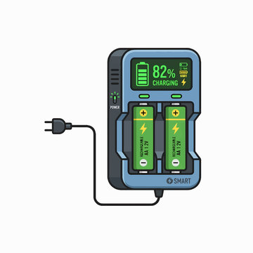 Flat vector illustration of a smart battery charger with two green AA 1.2V rechargeable batteries. The display shows 82% CHARGING, and it's plugged in.