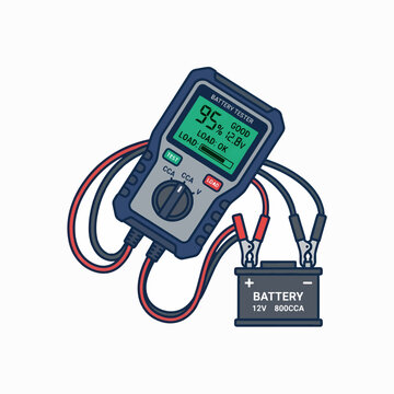 A battery tester with a digital display shows a 12V battery is 95% charged and the load is OK, with red and black leads connected.