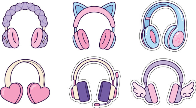 Cute Kawaii Pastel Headphones Vector Sticker Set with Cat Ears Angel Wings Heart Shapes and Gaming Headset Elements for Girl Gamers