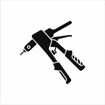 A black silhouette icon of a manual rivet gun tool, used for fastening materials with rivets. It's set against a clean white background in a minimalist style.