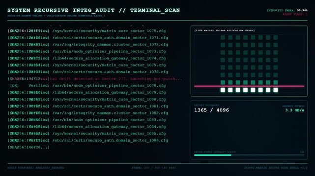 System Integrity Audit Terminal Scan Dashboard With Matrix Sector Grid and Hash Verification Animation.